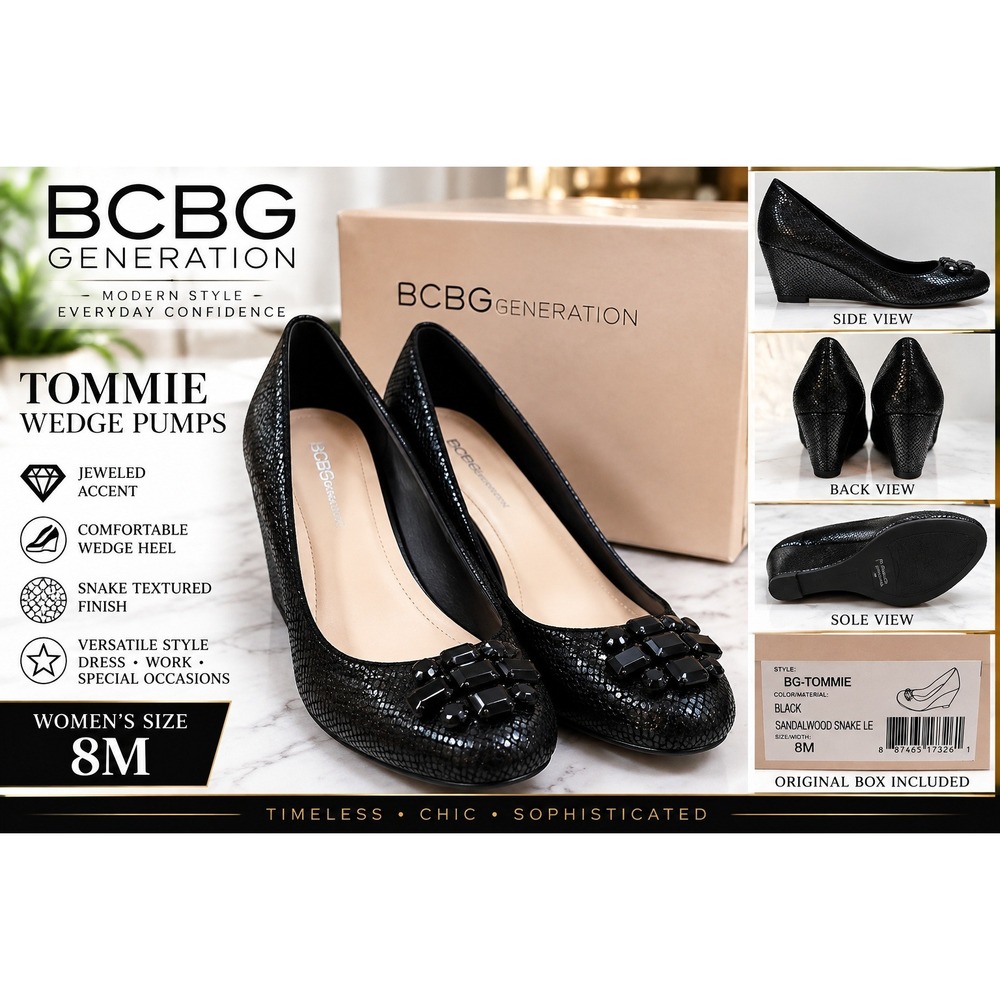 BCBGeneration Tommie Black Snake Textured Jeweled Wedge Pumps 8M BG-TOMMIE